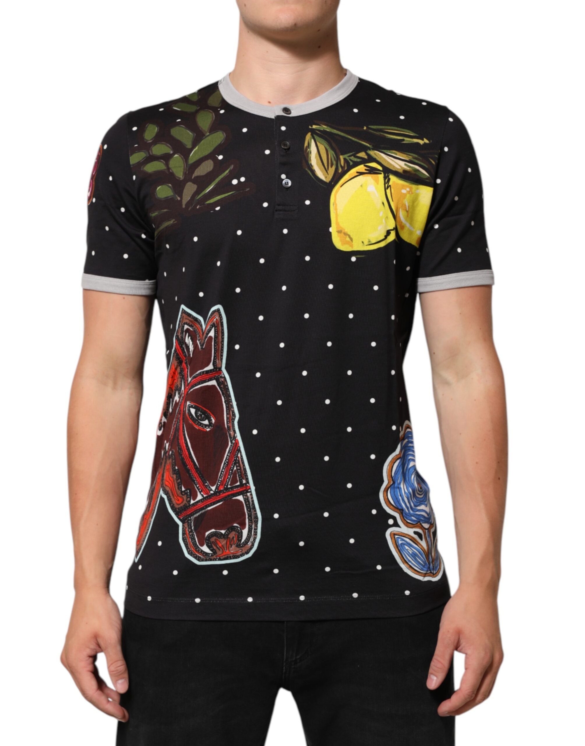 Black Polka Dot Lemons Horse Henley T-Shirt