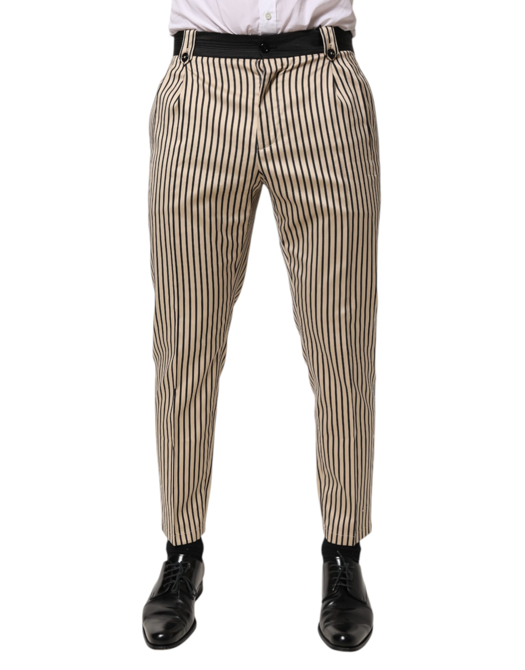Beige Black Striped Cotton Slim Fit Trousers Pants