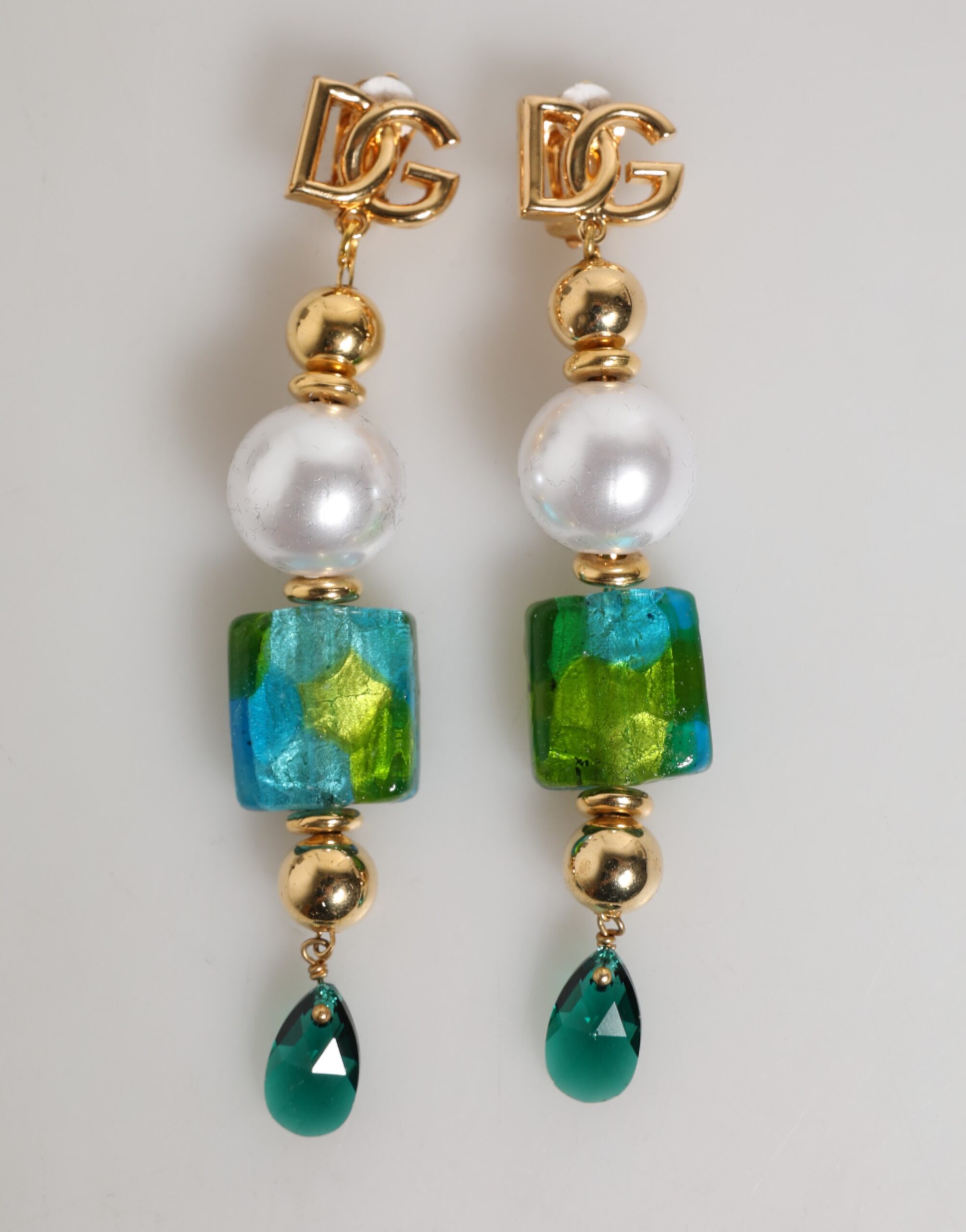 Gold Brass Multicolour Pearl Green Blue Drop Logo DG Earrings
