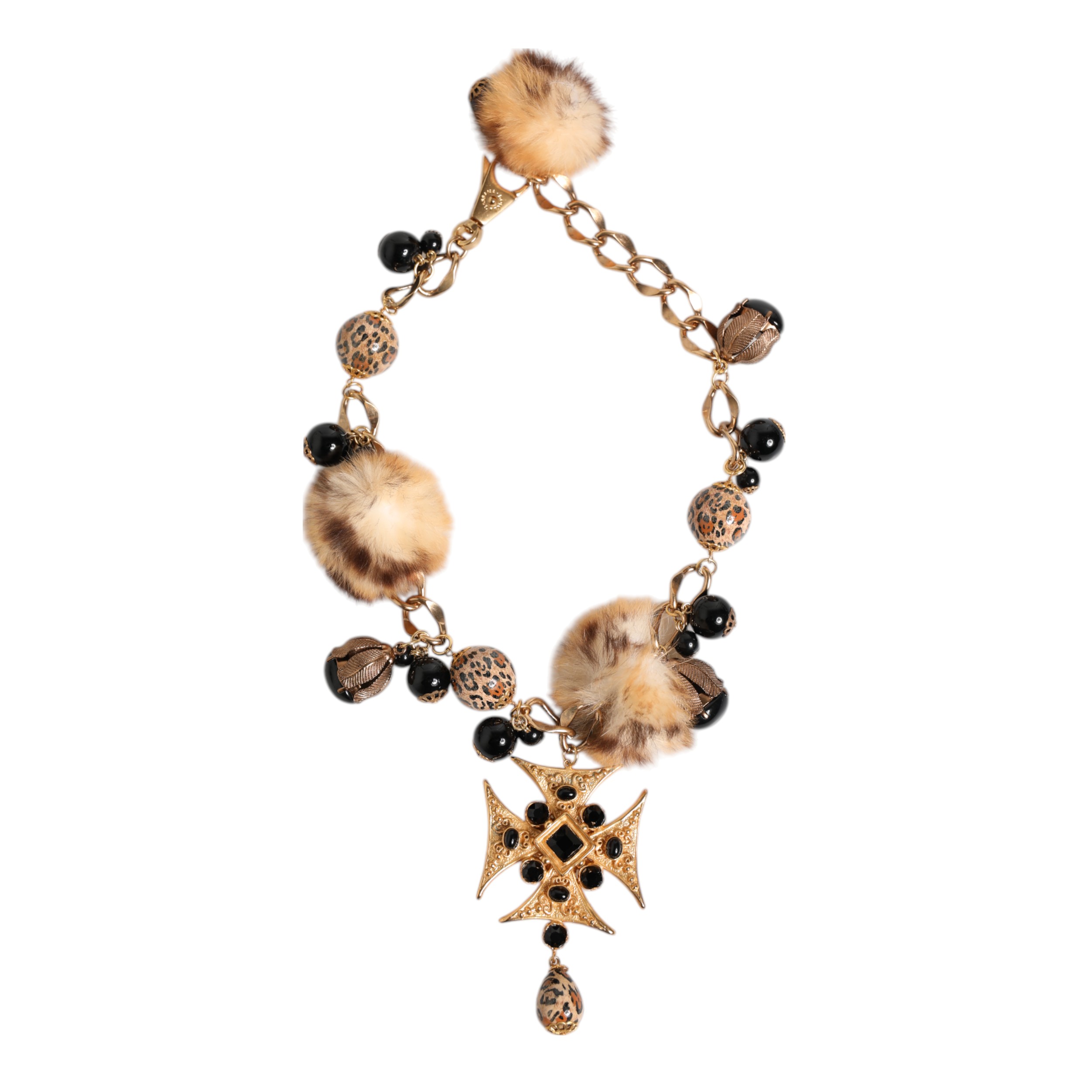 Gold Black Crystals Lapin Fur Filigree Choker Necklace