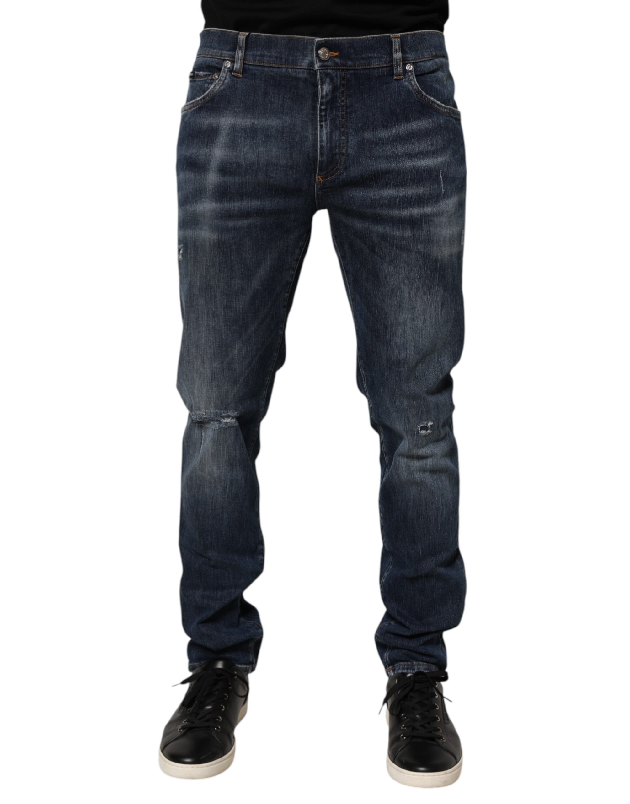 Dark Blue Washed Running Ripped Denim Jeans