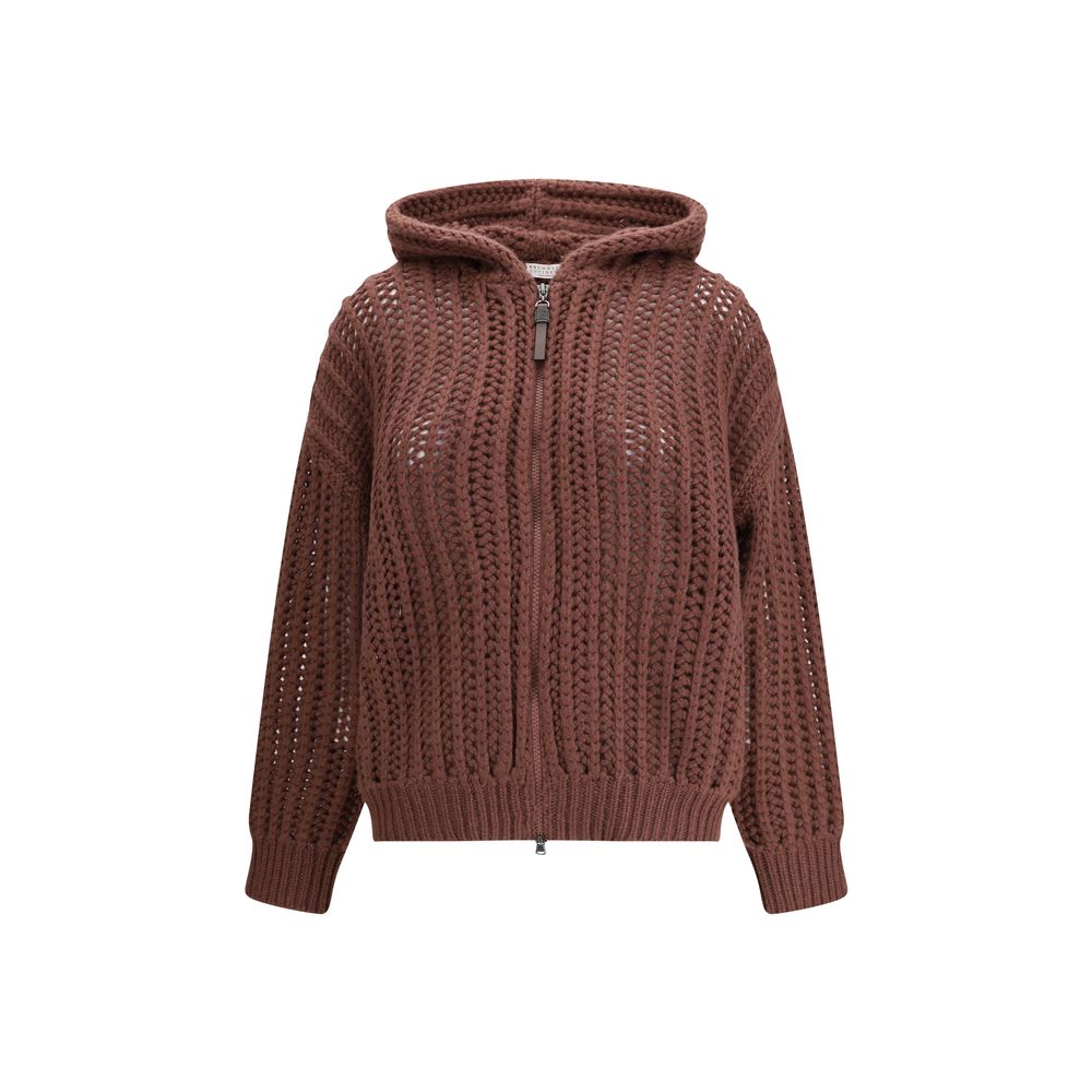 Balloon Net Embroidery Cardigan in cashmere with a hood