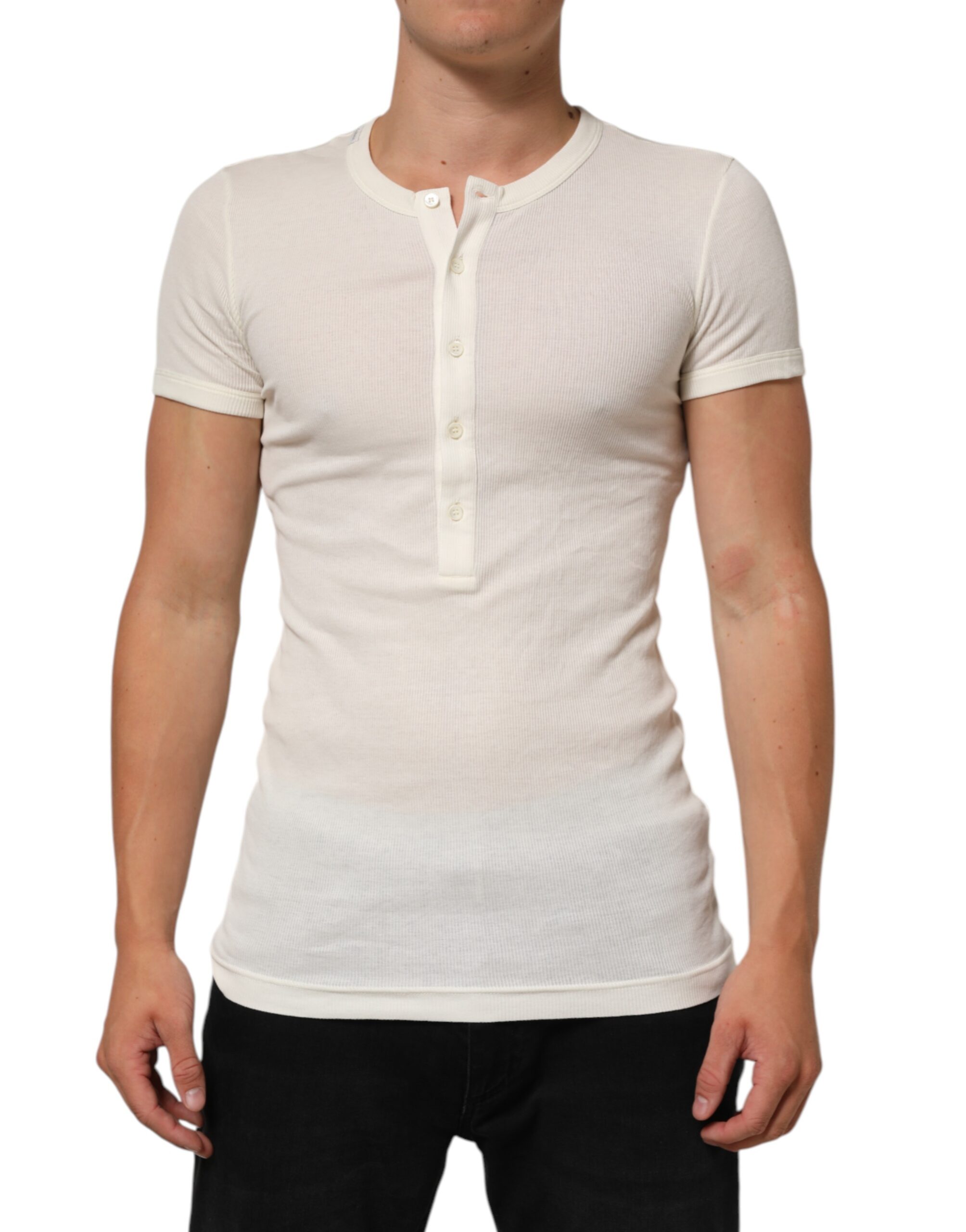 Off White Cotton Button Henley Shirt  T-shirt