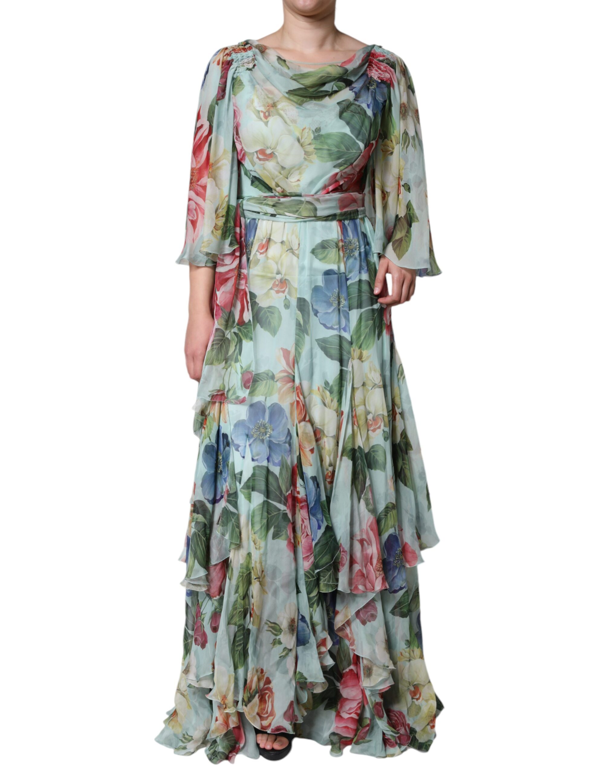 Blue Floral Print Tiered Long Maxi Dress