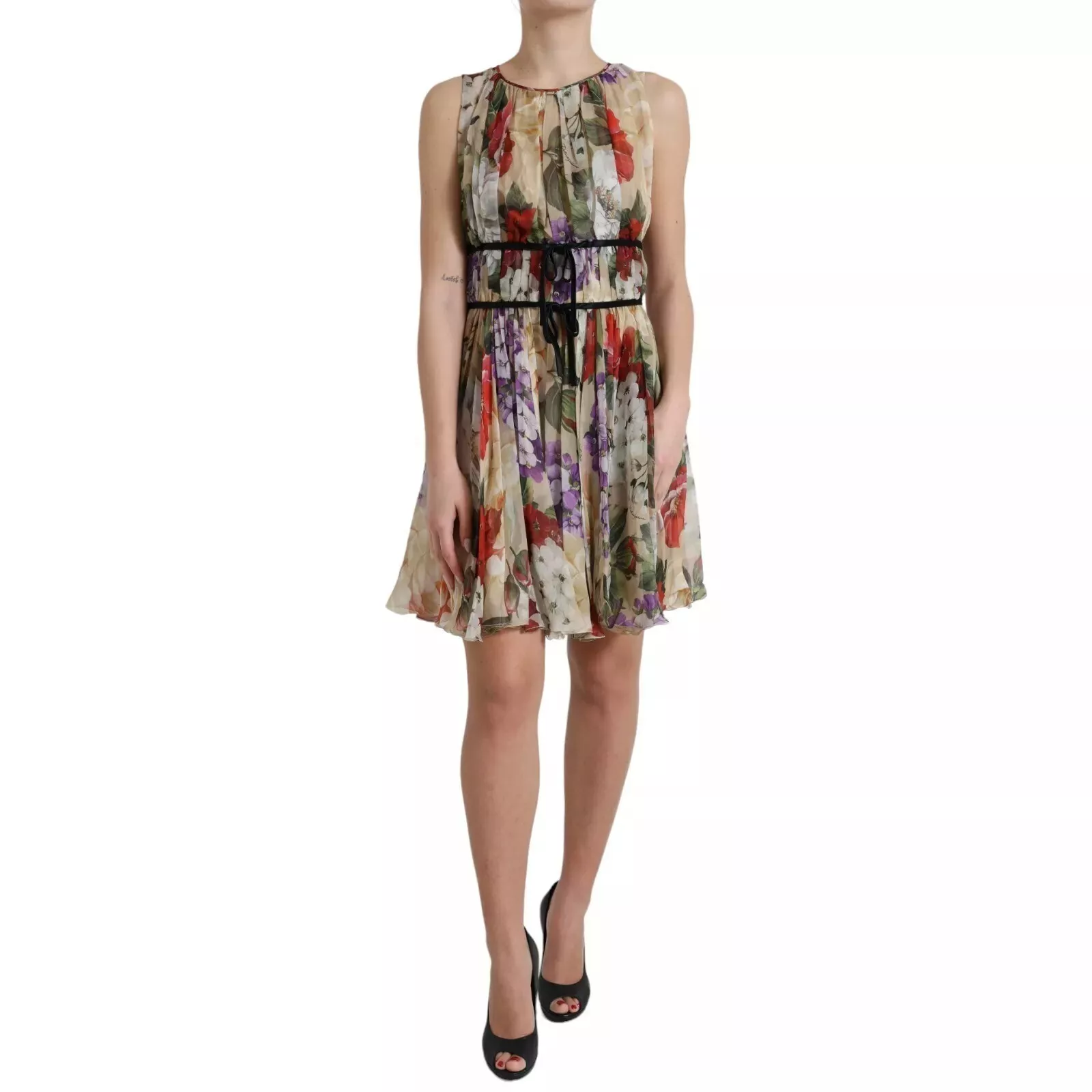 Beige Floral Sleeveless A-line Mini Dress