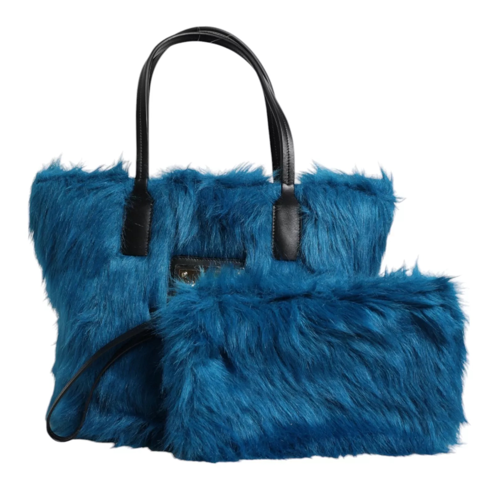 Dolce Gabbana Blue Fur Logo Plaque Double Handle Shoulder Women's Bag