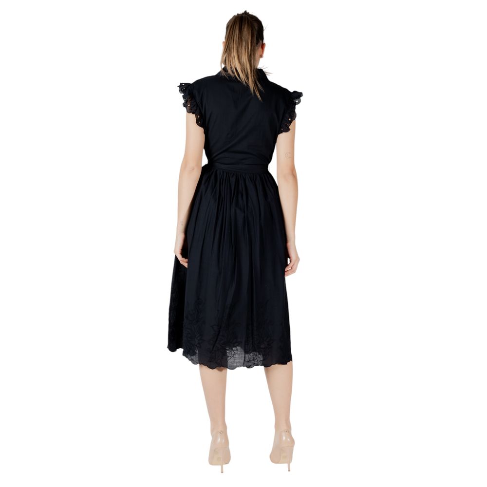 Black Cotton Midi Dress - Thumbnail 2