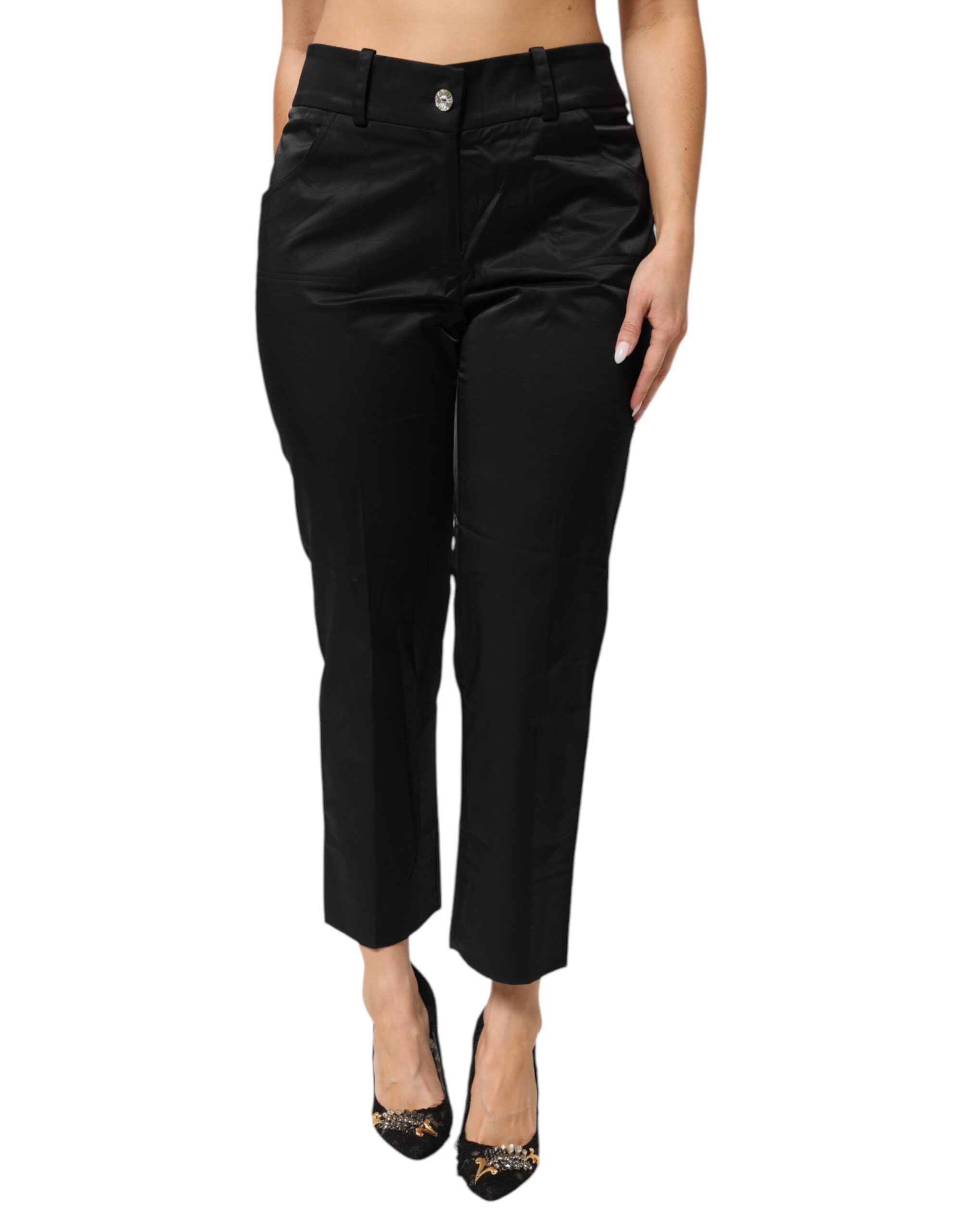 Black Cotton Blend Cropped Straight Leg Pants