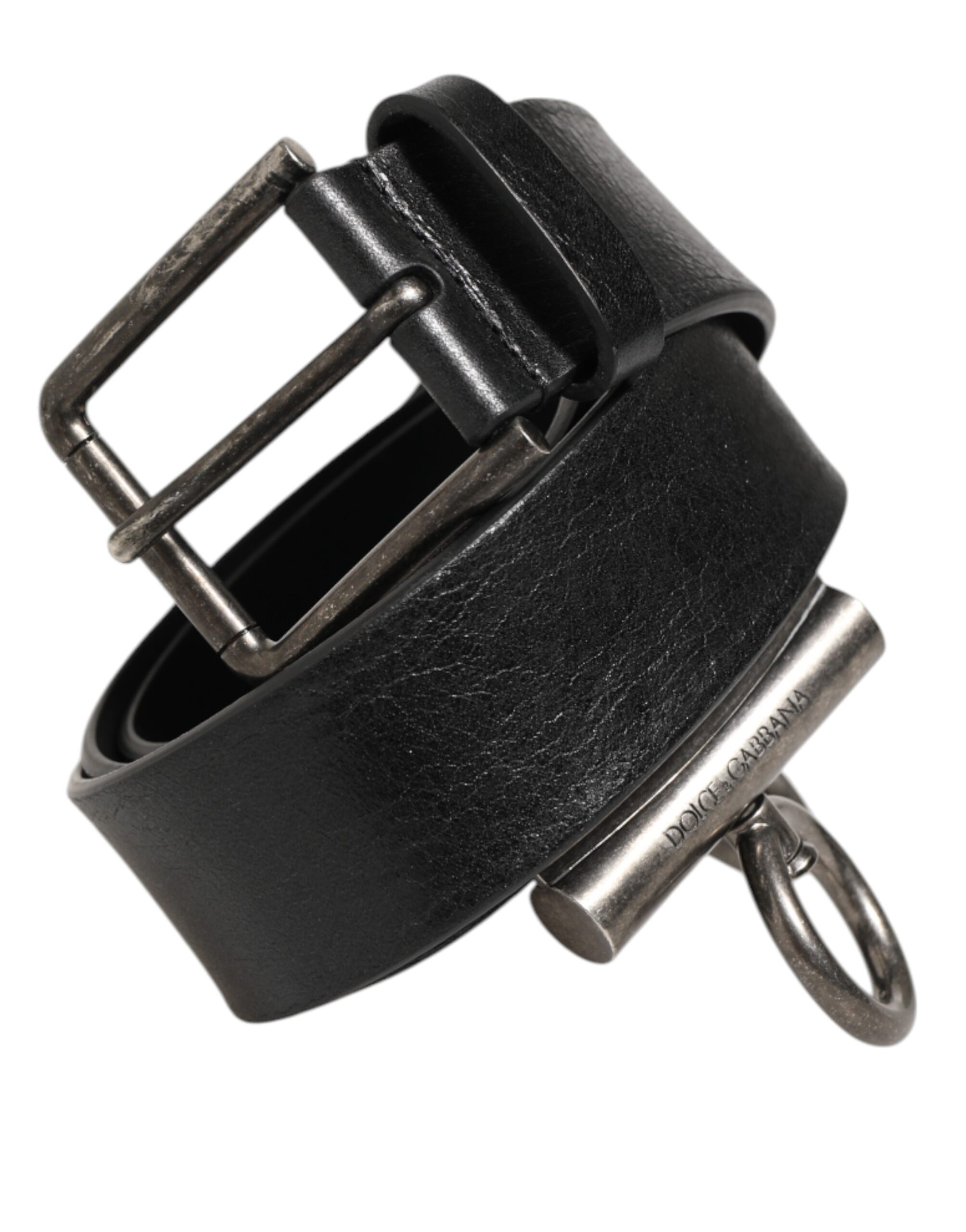 Black Leather Side Rings Brass Buckle Belt