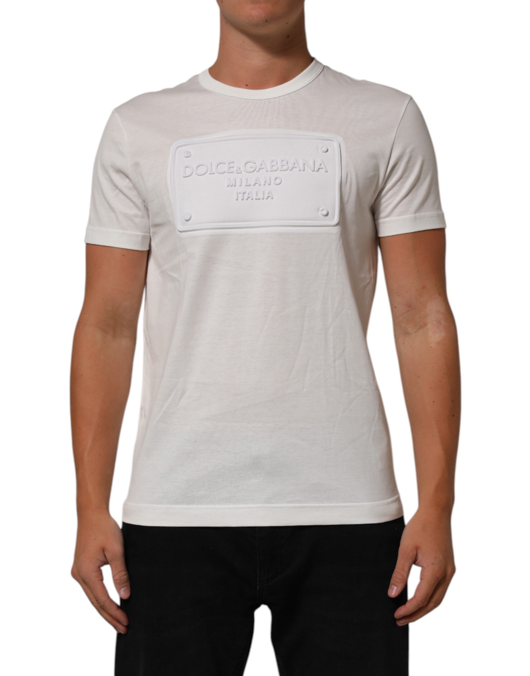 White Logo Patch Cotton Crew Neck Men T-shirt