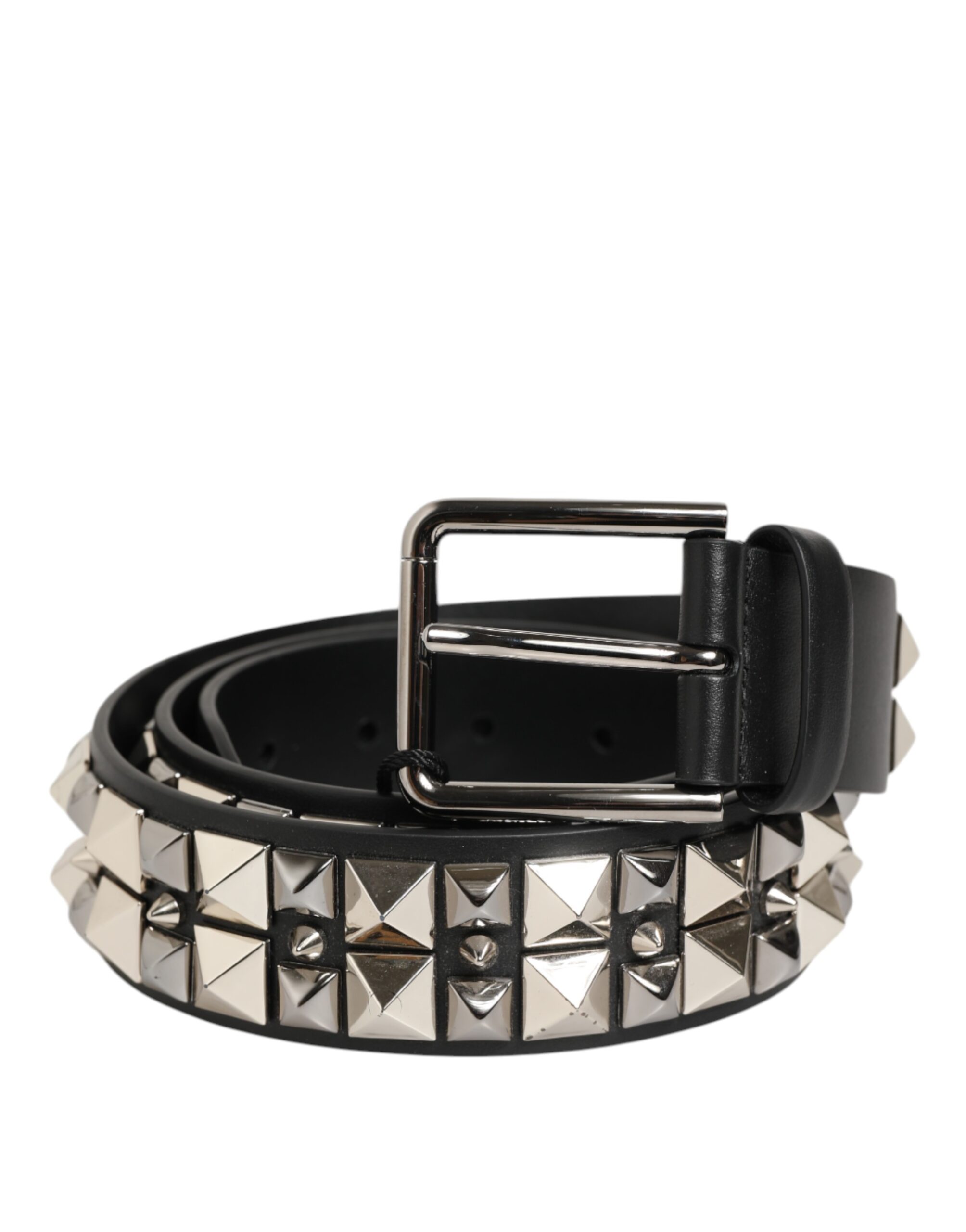 Black Calf Leather Studded Silver Buckle Belt