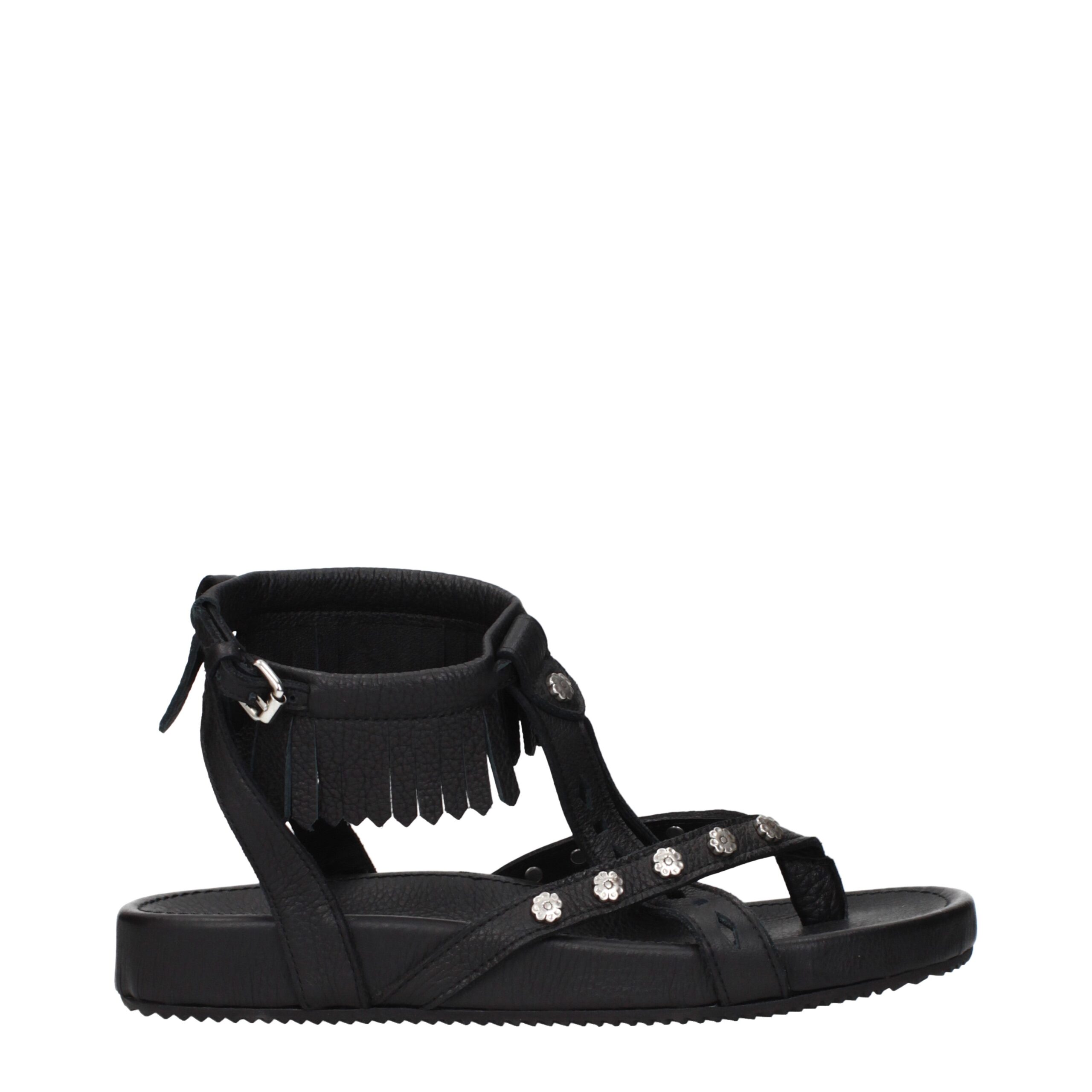 Black Leather Flat Sandals