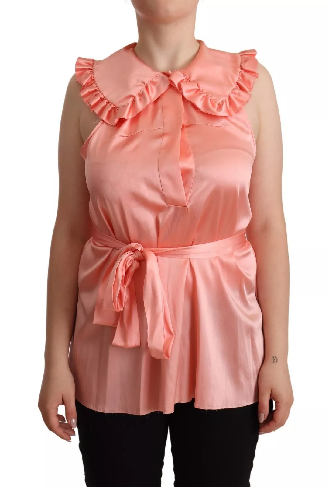 Pink Silk Stretch Sleeveless Collared Top Blouse