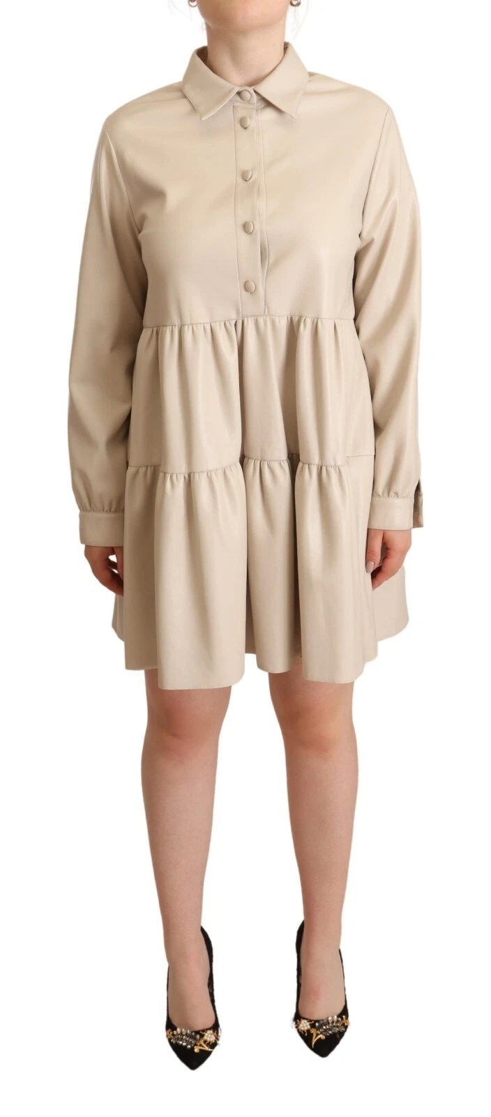 Leather Beige Long Sleeves Collared A-line Mini  Dress