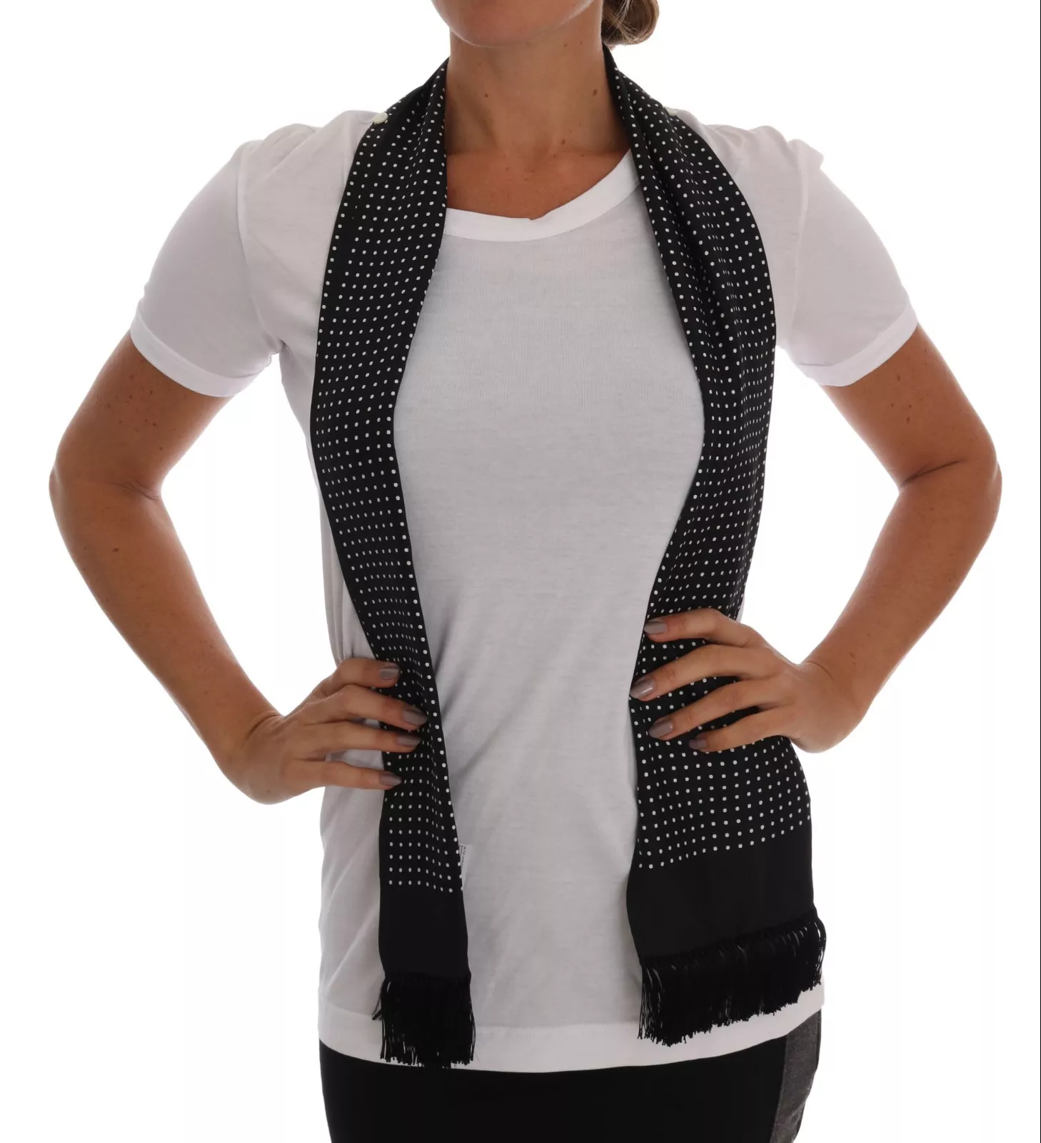 White Cotton Black Silk Scarf Top T-shirt