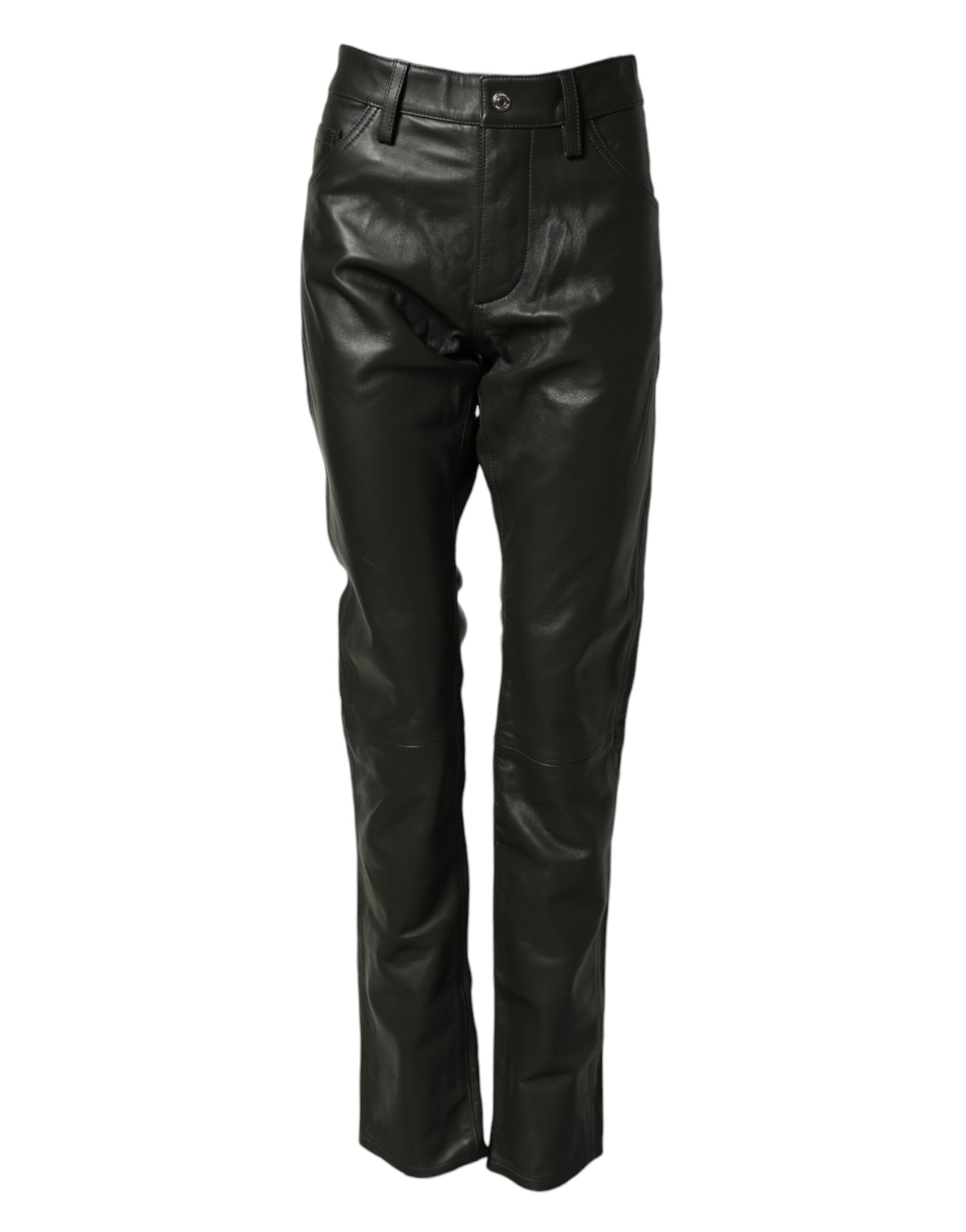 Black Full Grain Leather Mid Waist Trouser Pants