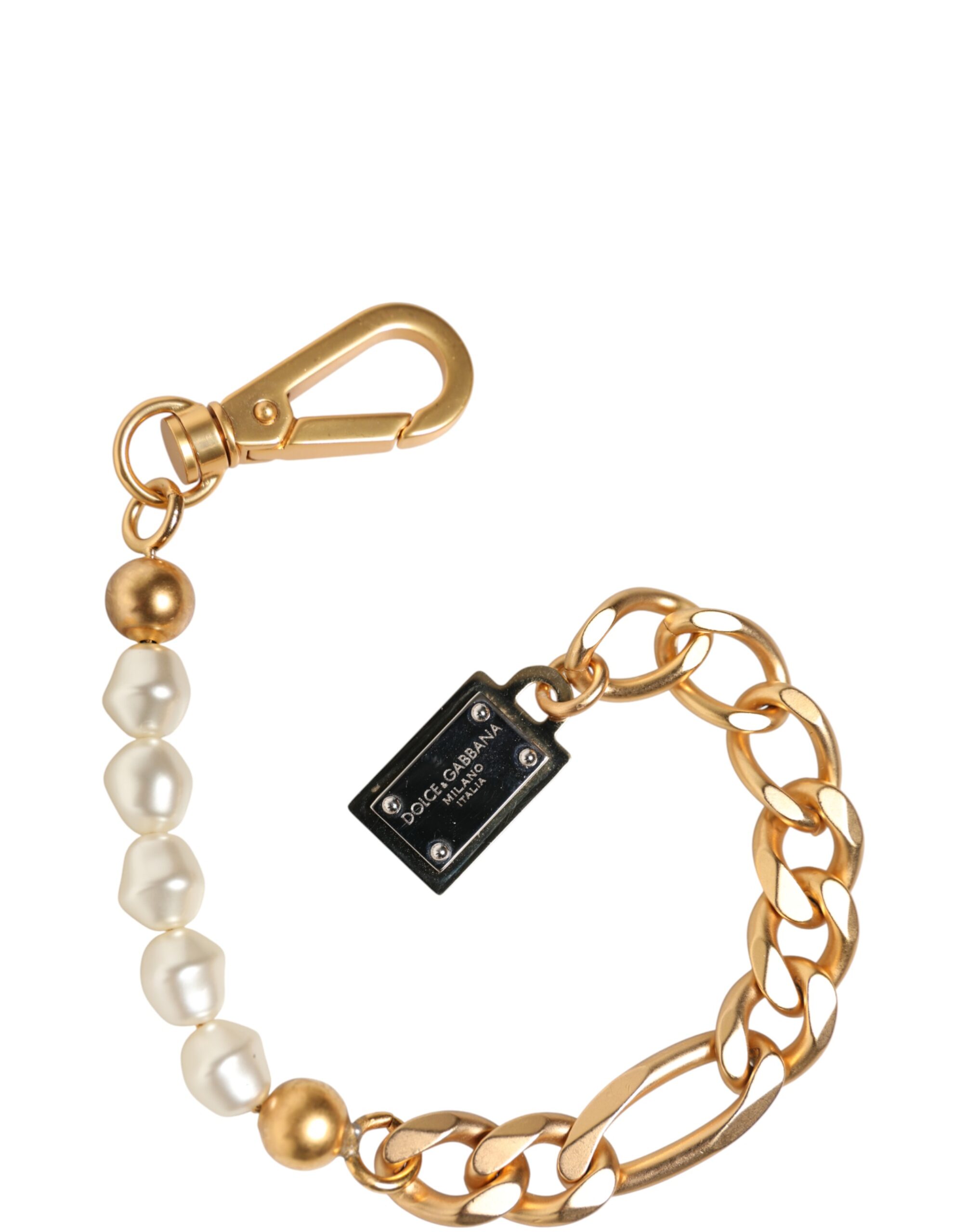 Dolce Gabbana Gold Tone Brass Faux Pearl Logo Embellish Charm Womens Bracelet 352$