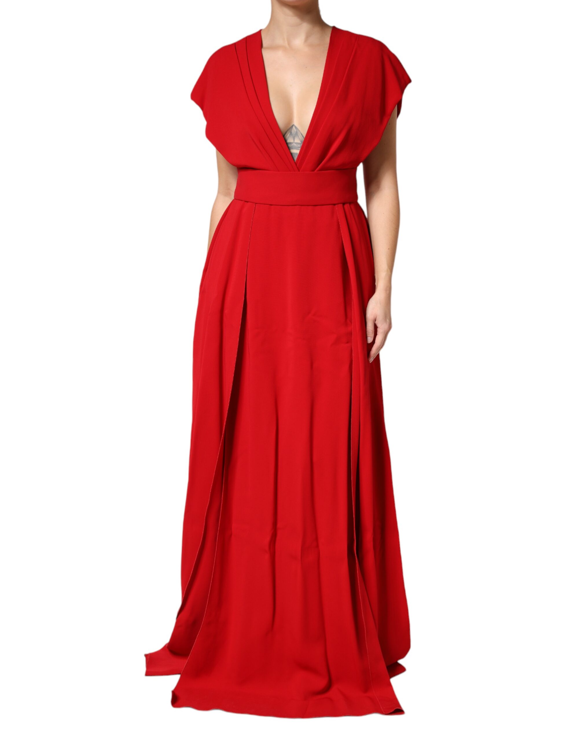 Red Viscose Plunging Neckline Long Maxi Dress