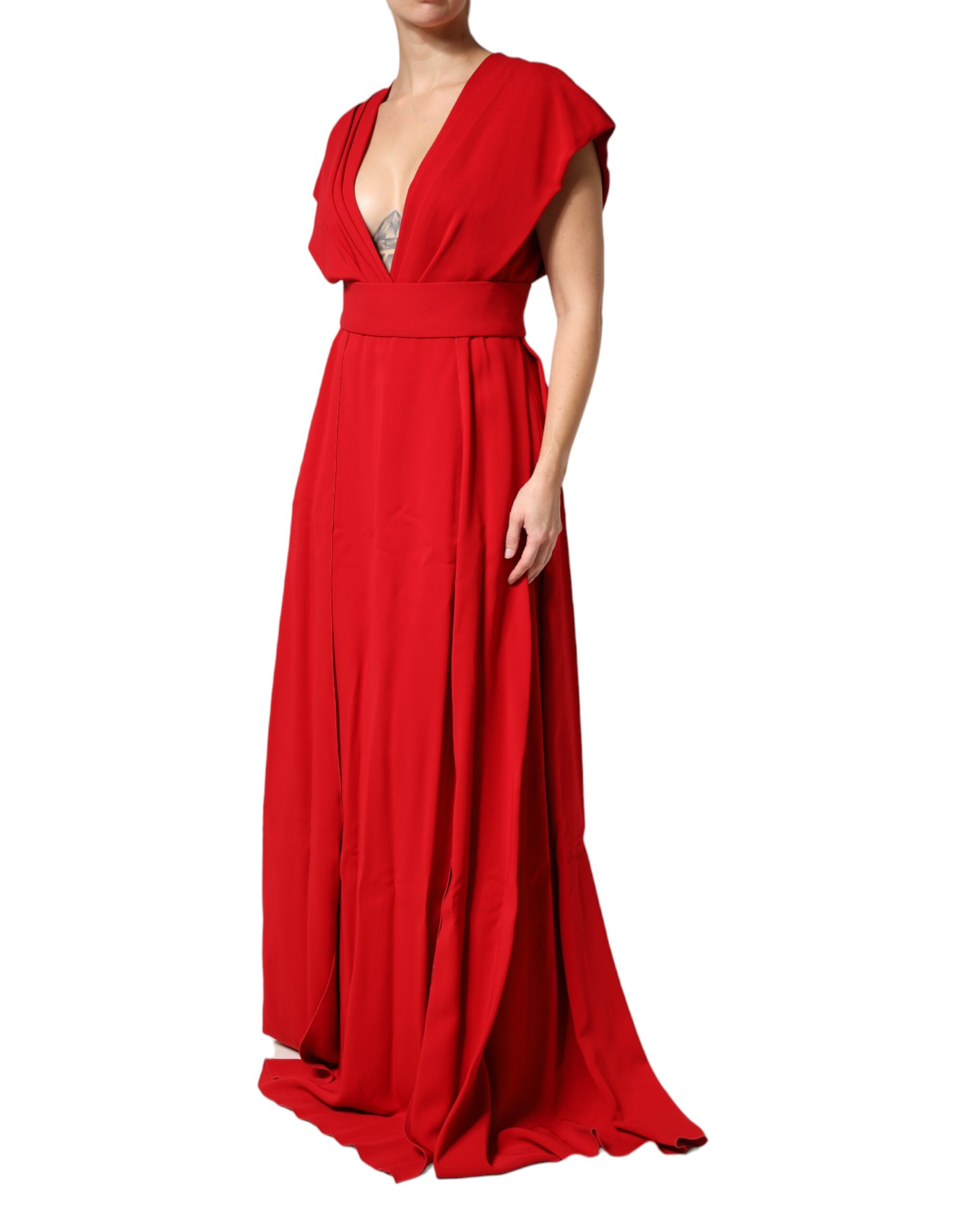 Red Viscose Plunging Neckline Long Maxi Dress - Thumbnail 3