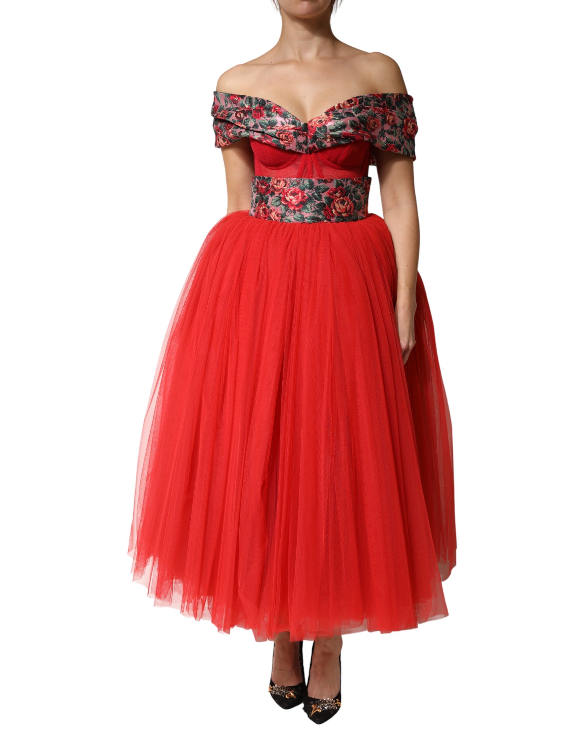 Red Floral Off Shoulder A-line Gown Dress