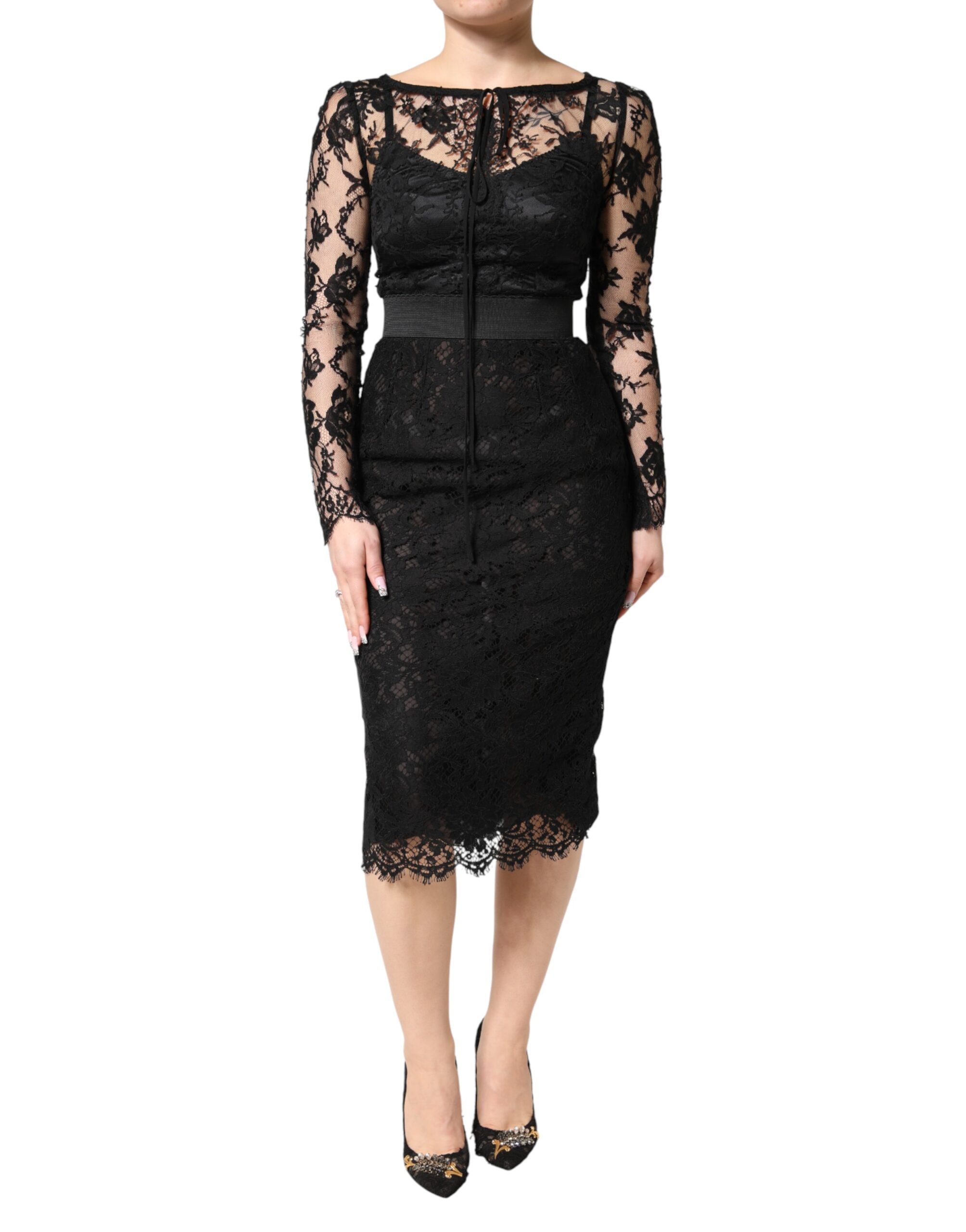 Black Lace Trim Cotton Sheath Midi Dress