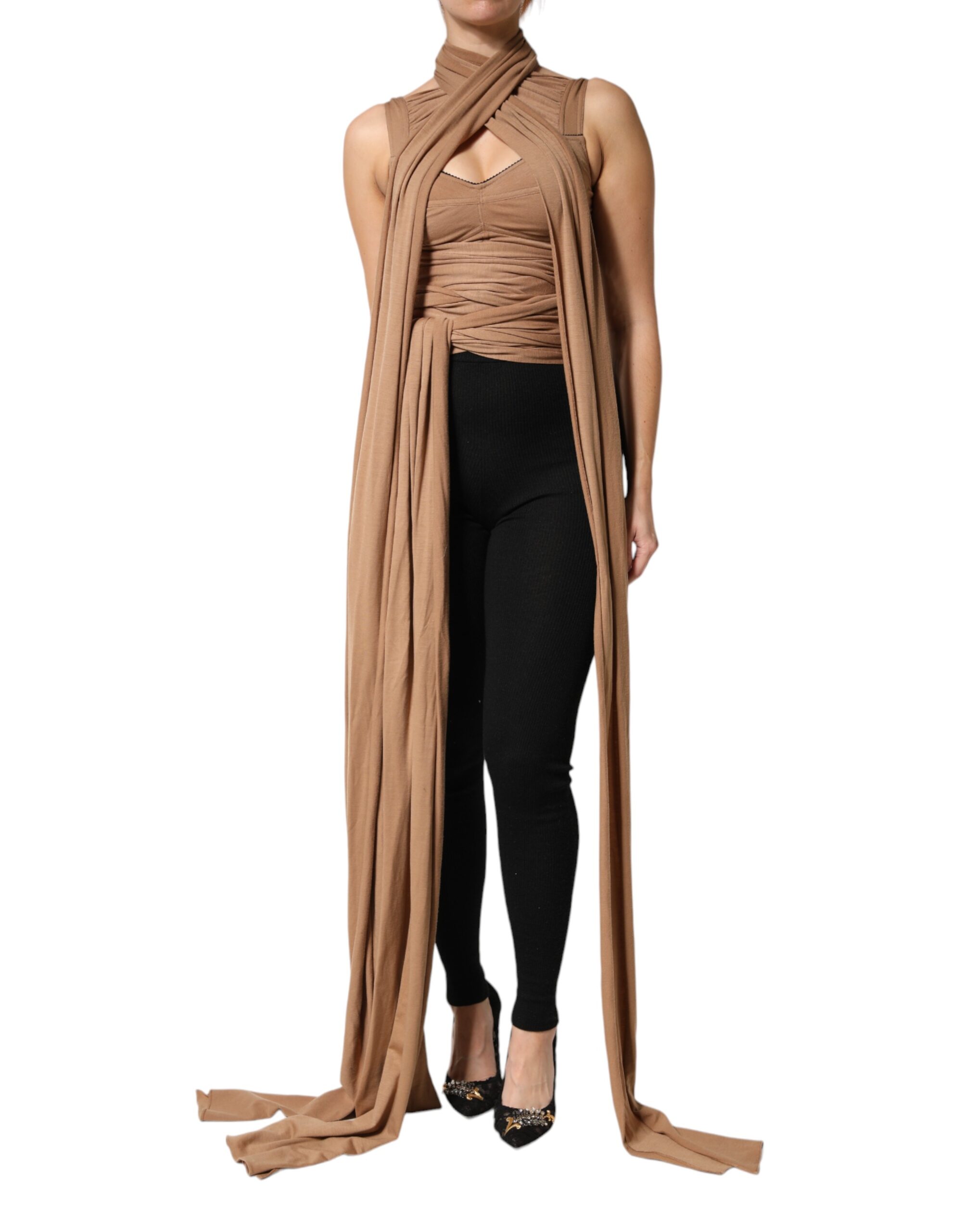 Brown Virgin Wool Sleeveless Scarf Tank Top