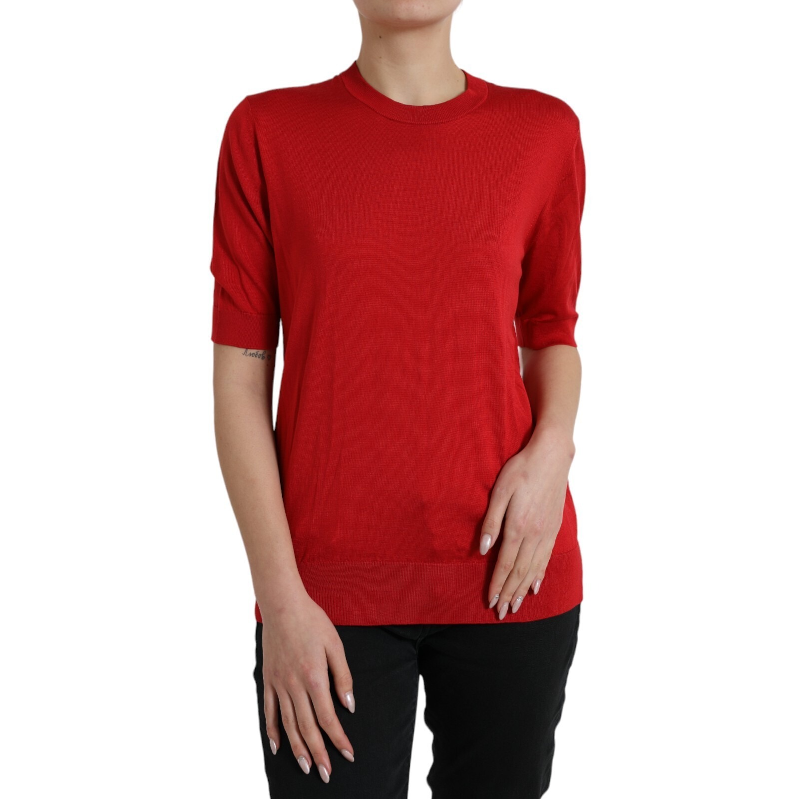 Red Silk Crew Neck Short Sleeves Top T-shirt