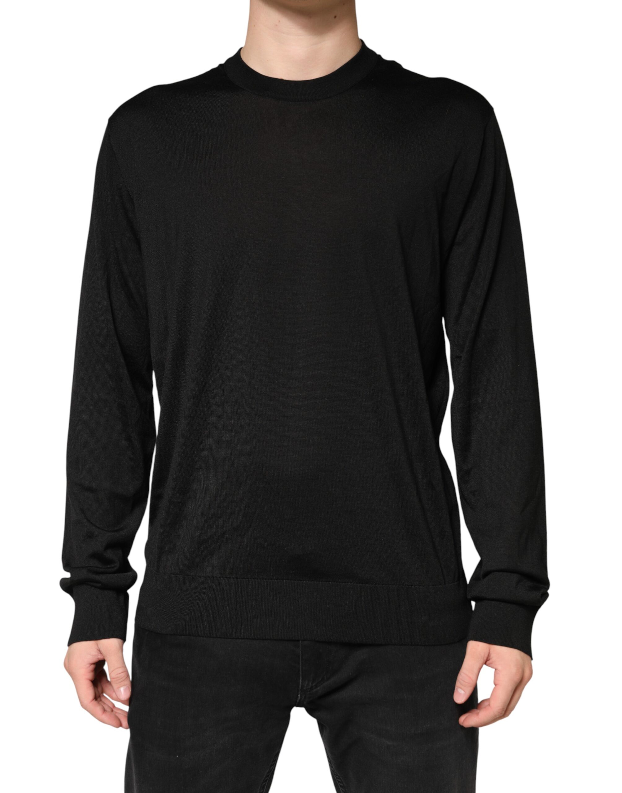 Black Silk Men Crew Neck Pullover Sweater
