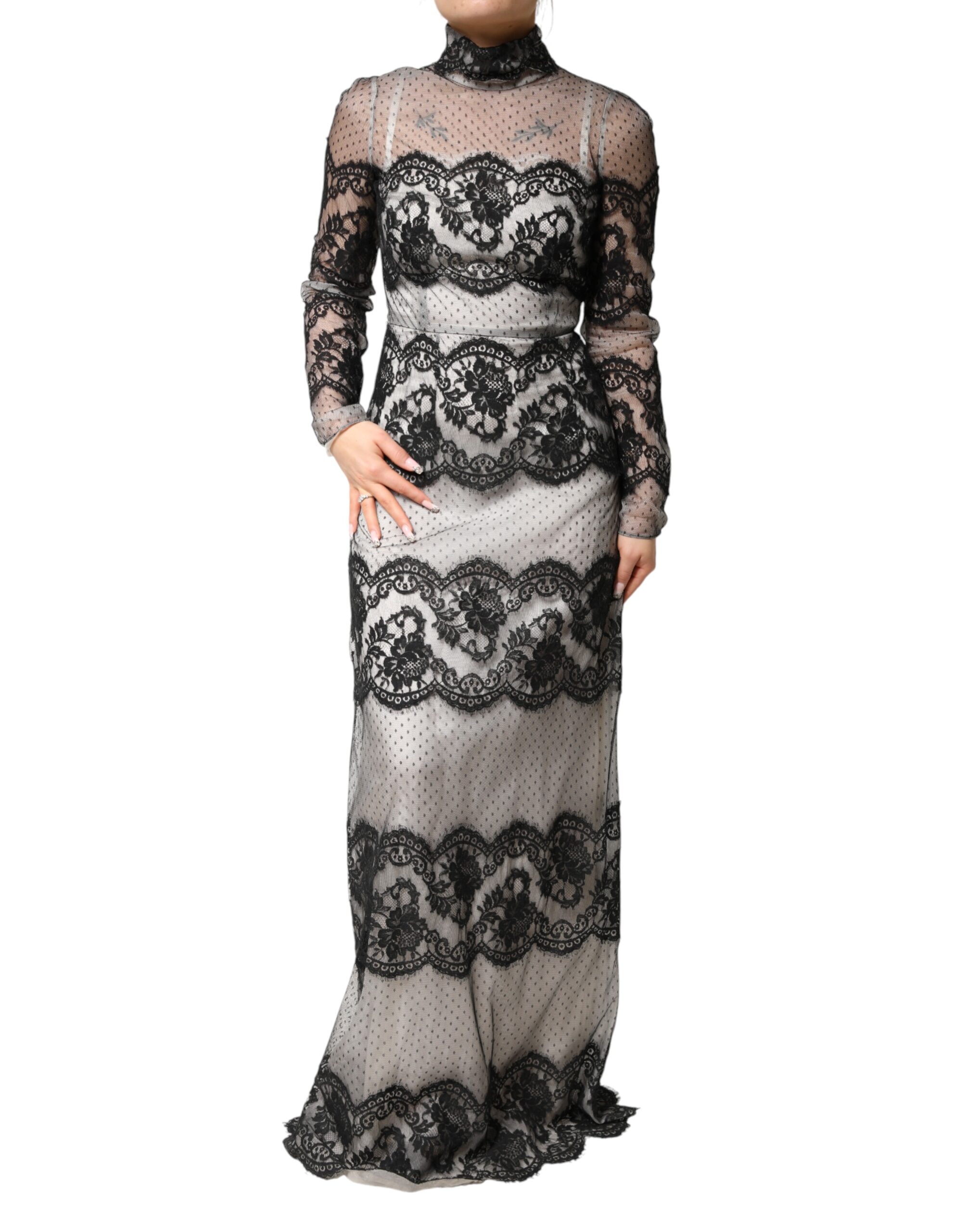 Black White Lace Silk Blend MaxiSheath Dress