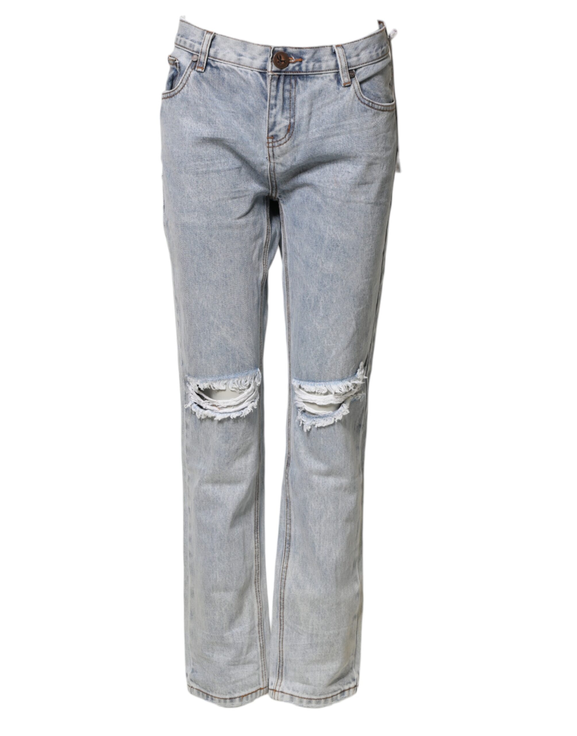 Light Blue Tattered Mid Waist Straight Denim Jeans